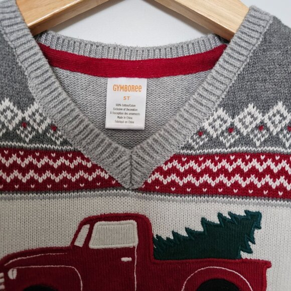 Gymboree Boys Fairisle Truck Sweater Vest Size 5T Christmas Gray Red 100% Cotton - Picture 3 of 6